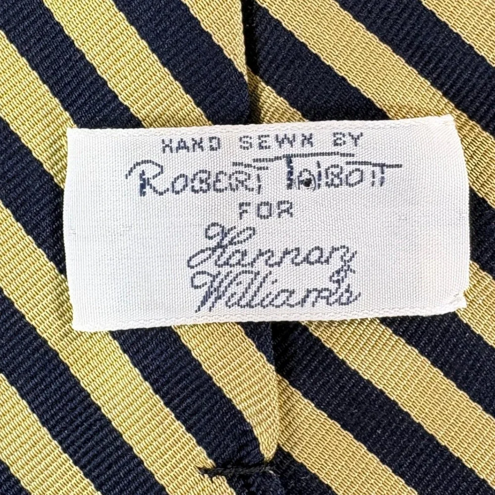 VTG Robert Talbott Mens Silk Tie Yellow Navy Blue Striped Hand Sewn USA Made